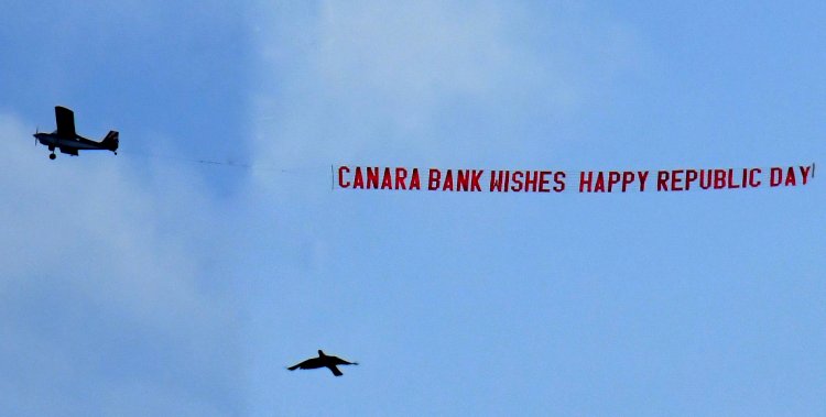 Canara Bank Republic Day Greetings Displayed in Sky by Aeroplane in Bengaluru